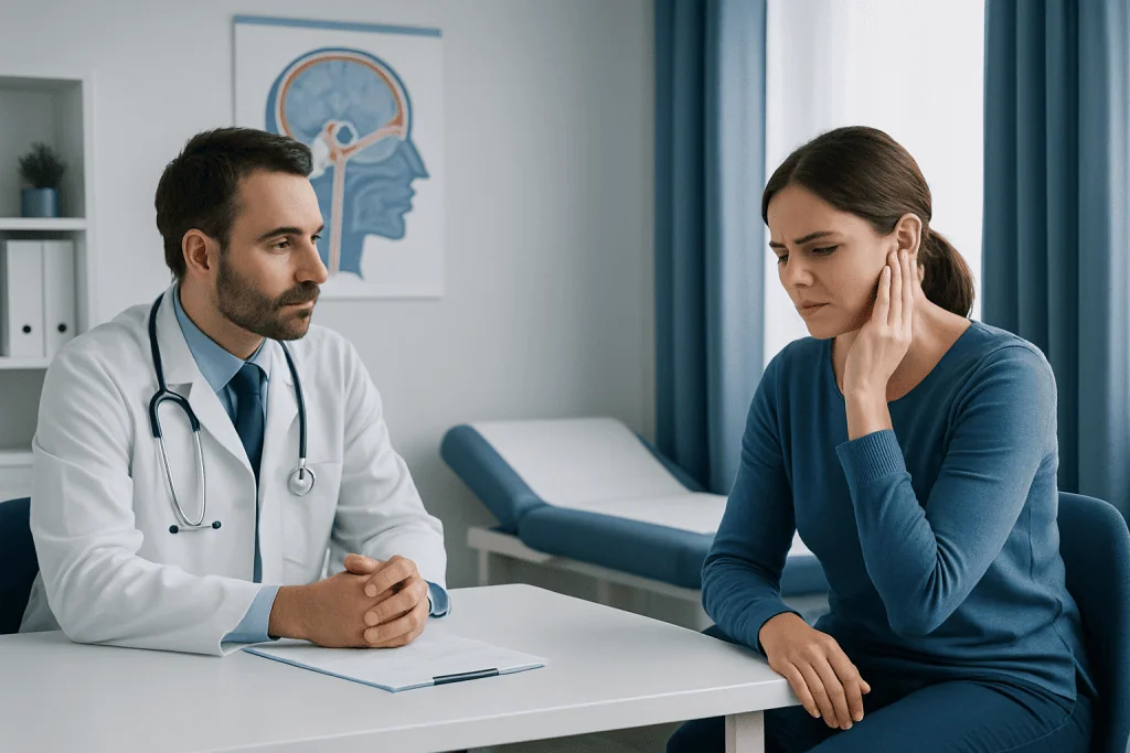 Doctor consulting with a patient about ear pain in a medical office.