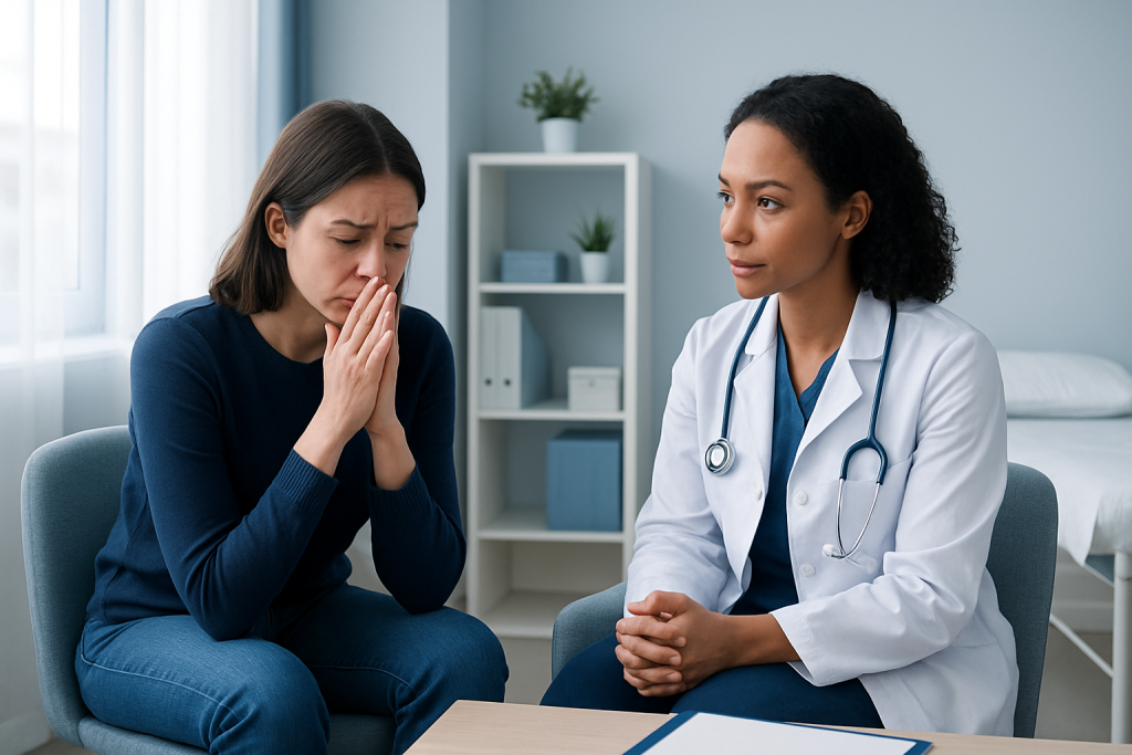 Doctor consulting with worried patient in a medical office.