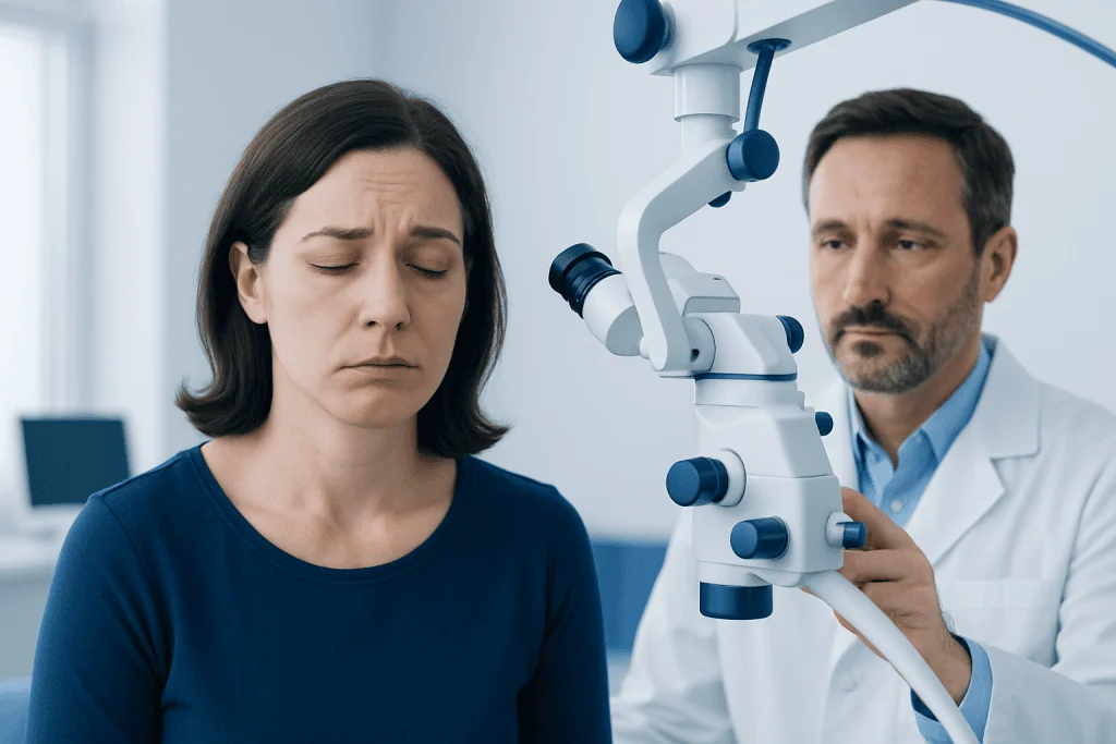 Patient undergoing facial nerve examination with a specialist using a microscope.