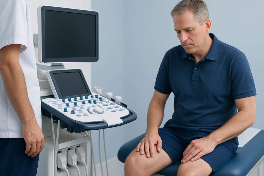Doctor performing a medical examination on a male patient with ultrasound equipment nearby.