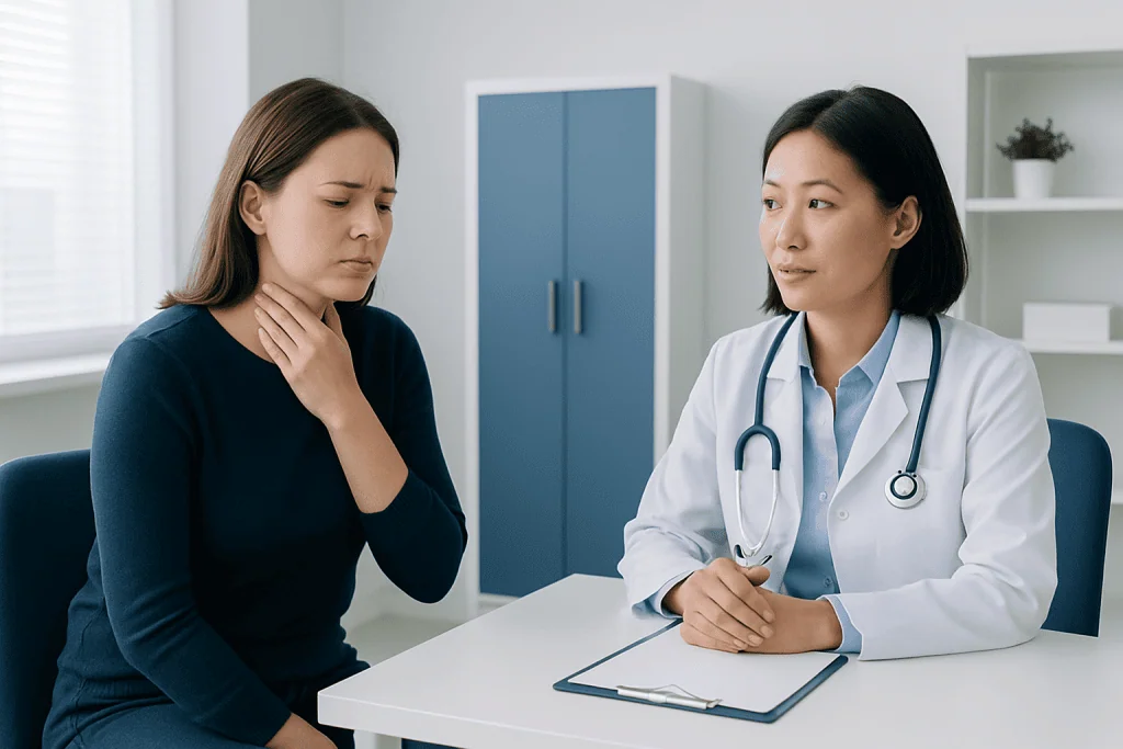 Patient consulting doctor about throat pain in a medical clinic.