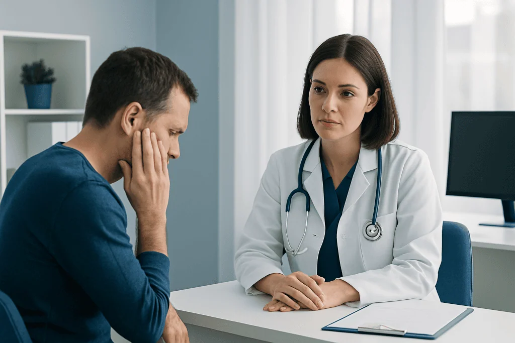 Patient consulting with ENT specialist about ear health.