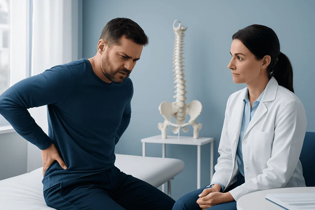 Patient experiencing lower back pain during consultation at Acibadem Hospital.