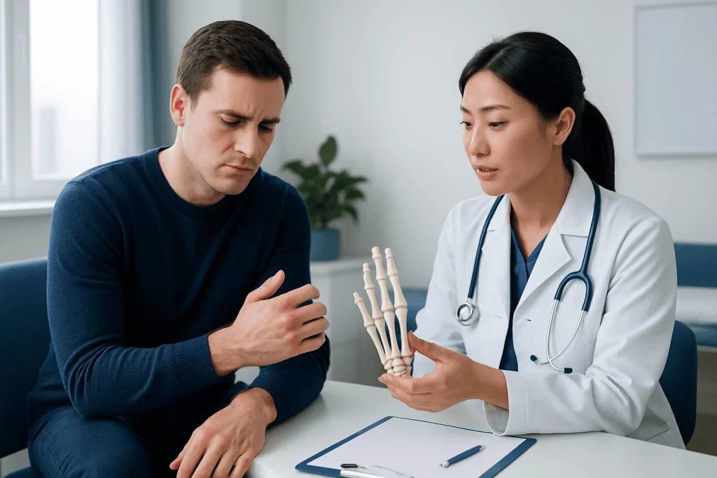 Doctor explaining hand bones to patient in consultation room.