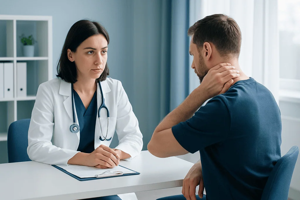 Doctor consulting with a patient about neck pain in a medical office.