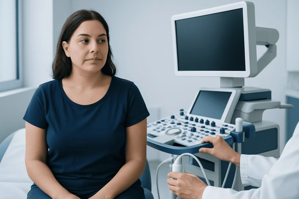 Woman undergoing a medical ultrasound examination in a clinical setting.