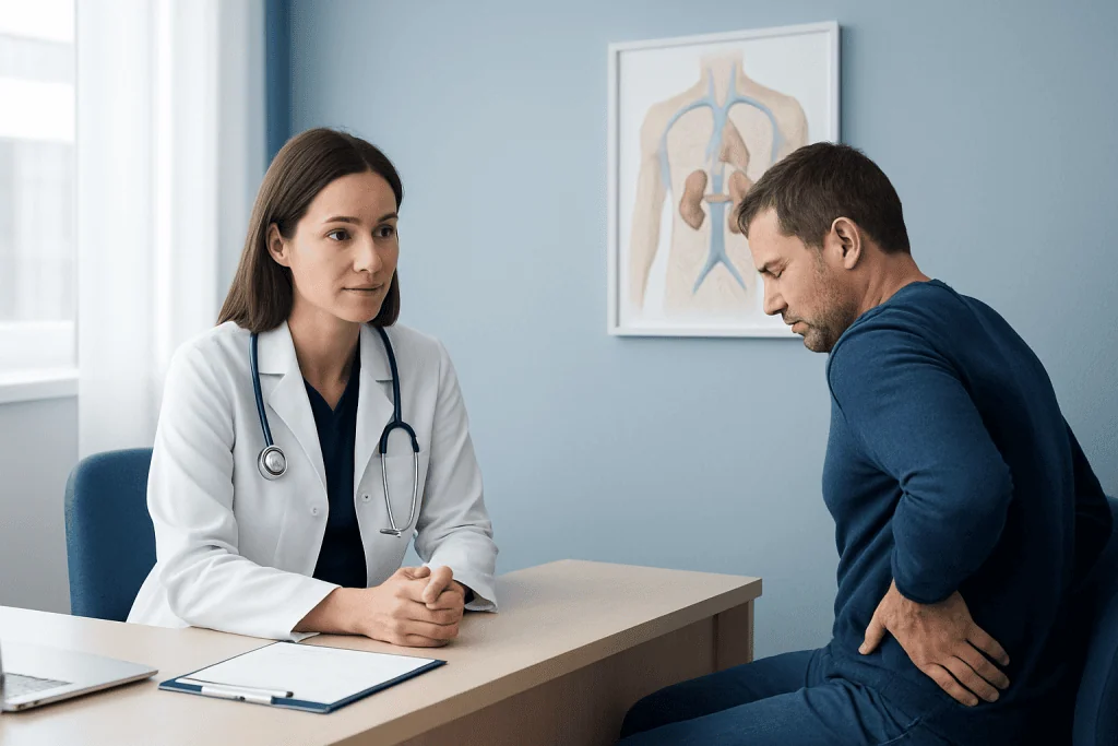 Doctor consulting with patient in a medical office with anatomical poster.