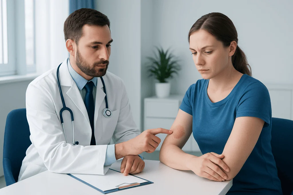 Doctor examining a woman's arm for skin infection or ringworm symptoms.
