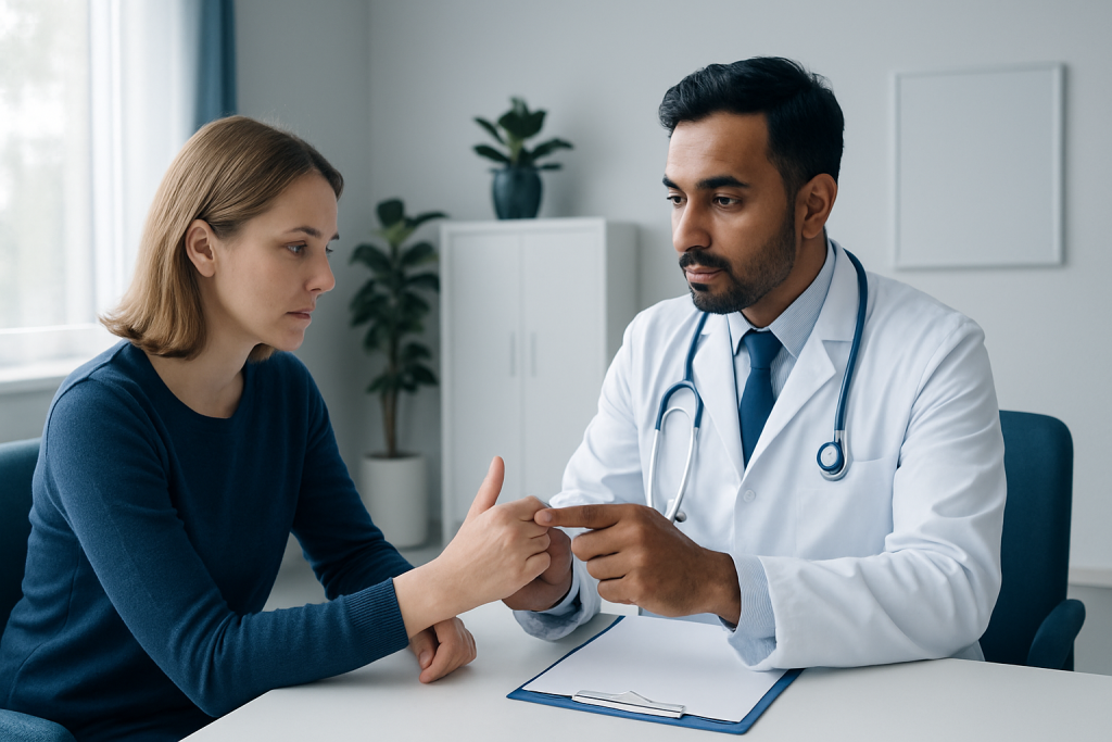 Doctor consulting with a female patient in a medical office setting.