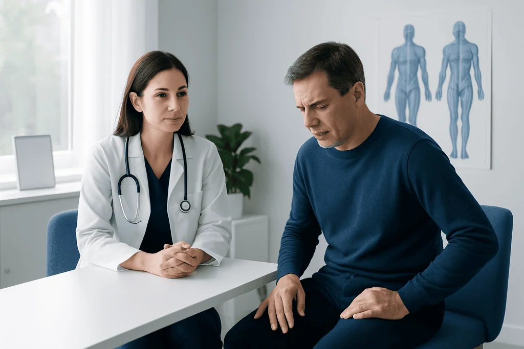 Doctor consulting with patient about skeletal muscle health and treatment options.