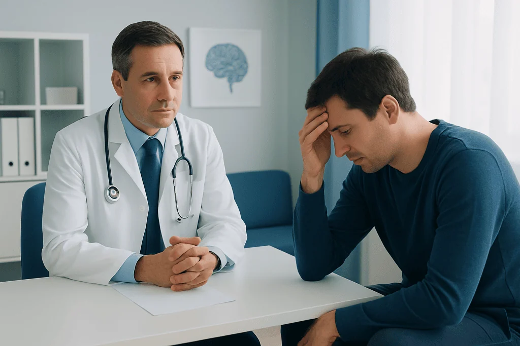Doctor consulting with a young man about sleep issues in a clinic setting.