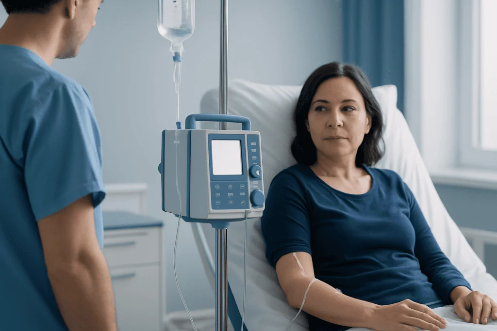 Patient receiving IV treatment in hospital room at Acibadem Hospitals Group.