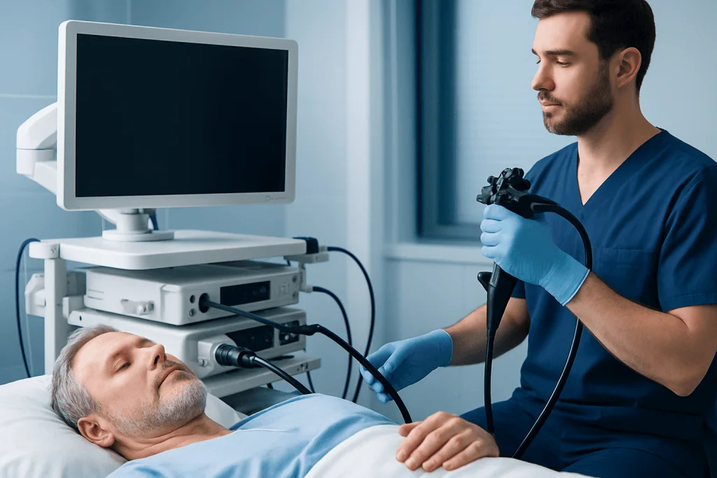 Endoscopy procedure for stomach examination in a hospital setting.