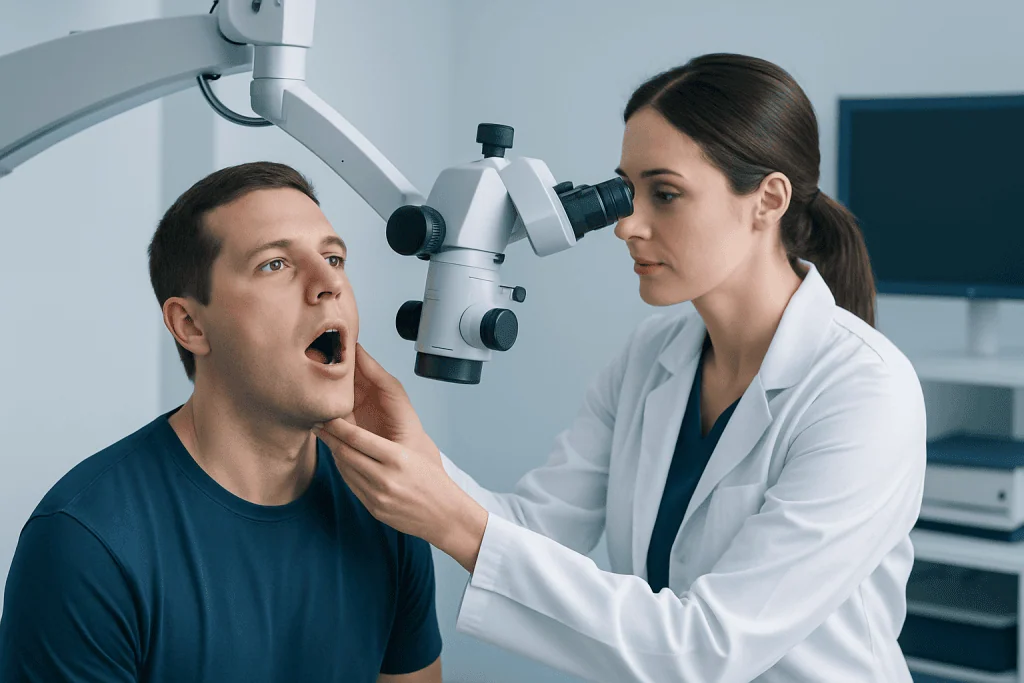 ENT specialist examines patient's throat with a microscope.