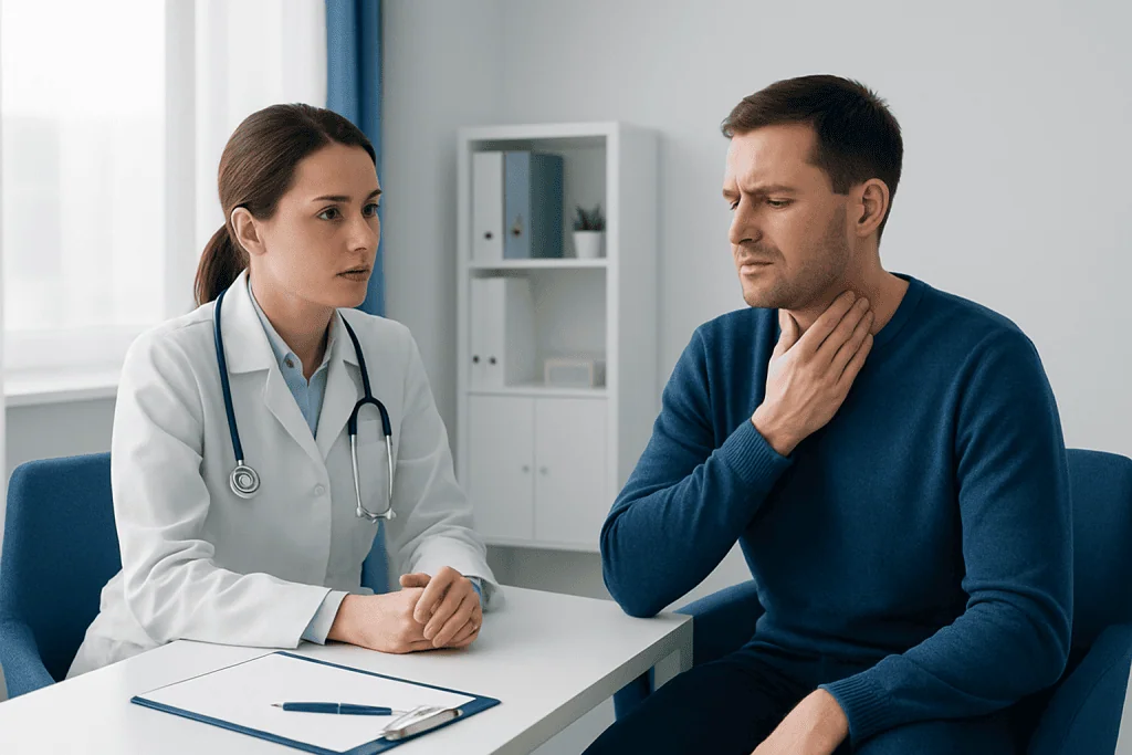 Doctor consulting with patient about throat issues in a clinical setting.