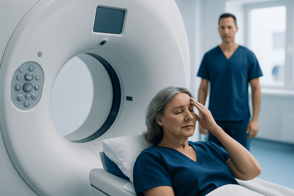 Woman experiencing headache before a brain scan at Acibadem Hospital.