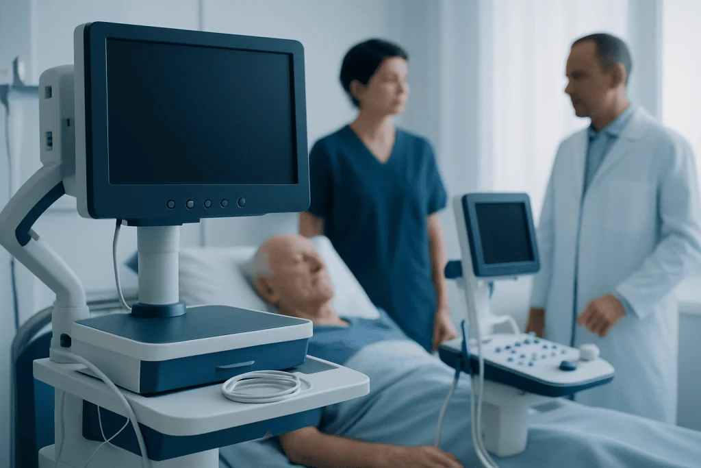 Medical professionals monitor elderly patient in hospital room at Acibadem Hospitals Group.