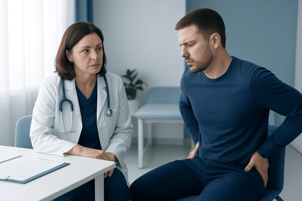 Doctor consulting with male patient about health concerns in clinic.