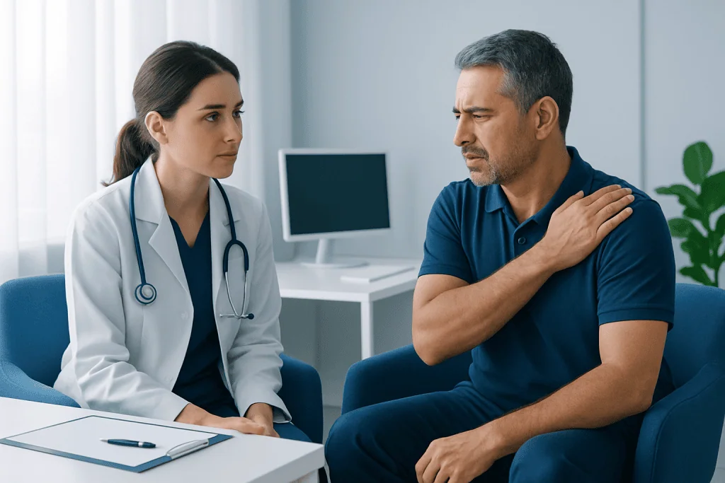 Doctor consulting patient with shoulder pain in clinic setting.