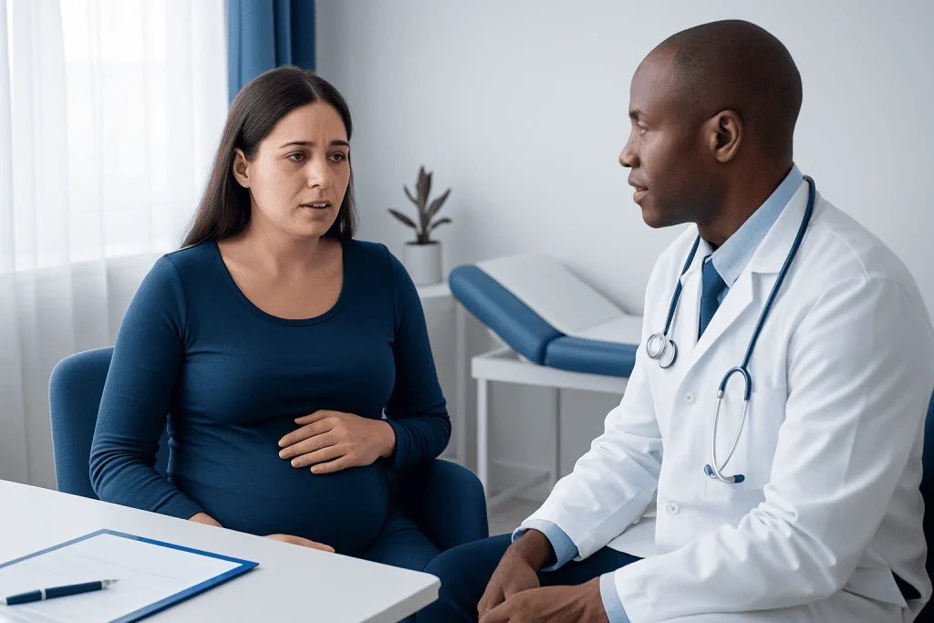 Pregnant woman consulting with a doctor in a medical office.