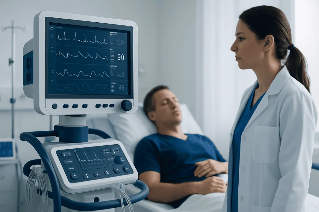 Medical professional monitoring patient with ECG in hospital setting.