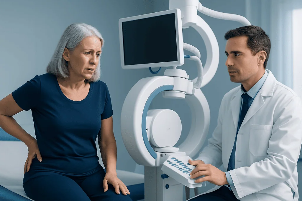 Doctor explaining hip pain diagnosis to an elderly woman in a medical clinic.