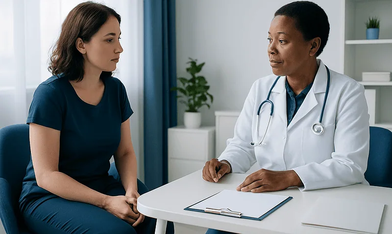 Doctor consulting with a patient in a medical office setting.