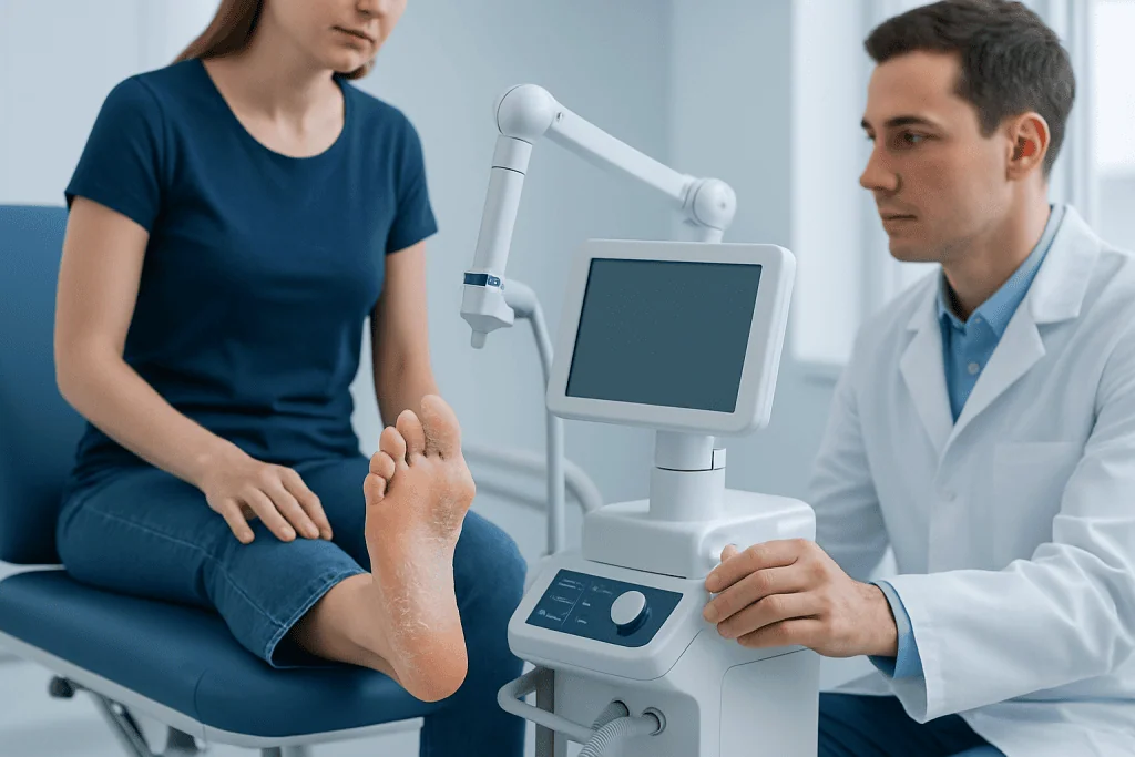 Doctor examining patient's foot with medical equipment in clinic.