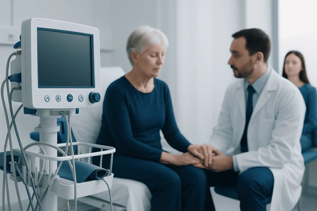 Doctor consulting elderly woman in hospital room with medical equipment nearby.