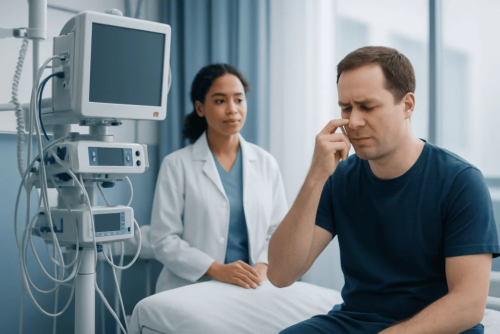 Patient experiencing nasal discomfort in a hospital setting.