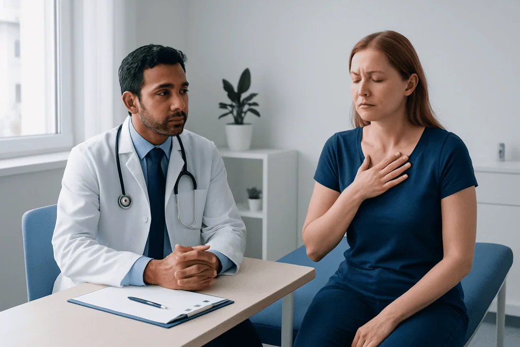Doctor consulting a woman patient about her health in a medical office.