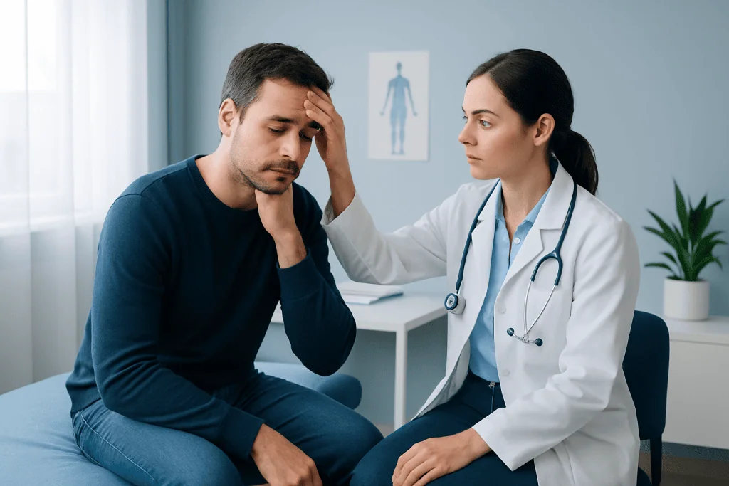 Doctor examines patient with headache in medical consultation room.