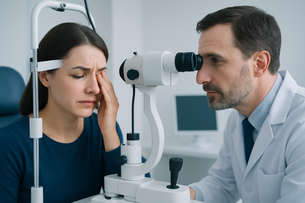 Ophthalmologist examines patient's eye with slit lamp at clinic.