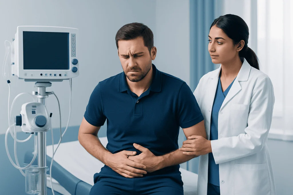 Male patient experiencing stomach pain in a hospital setting.