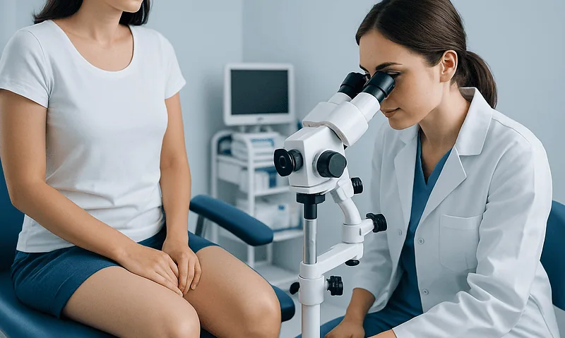 Gynecologist examining patient with microscope in clinic.