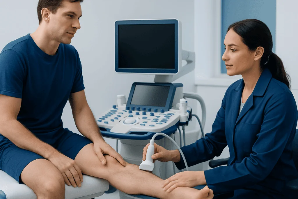 Doctor performing an ultrasound on a patient's leg in a medical clinic.