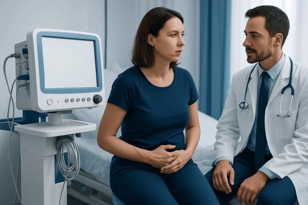 Doctor consulting with female patient in hospital room.