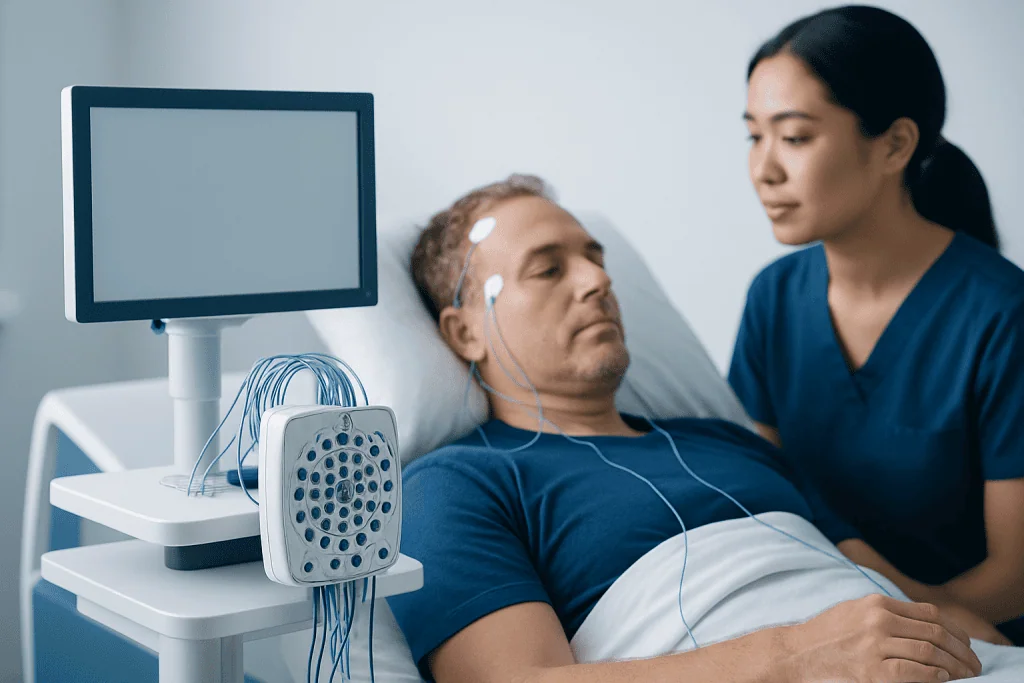 Patient undergoing sleep study with monitoring equipment in hospital.