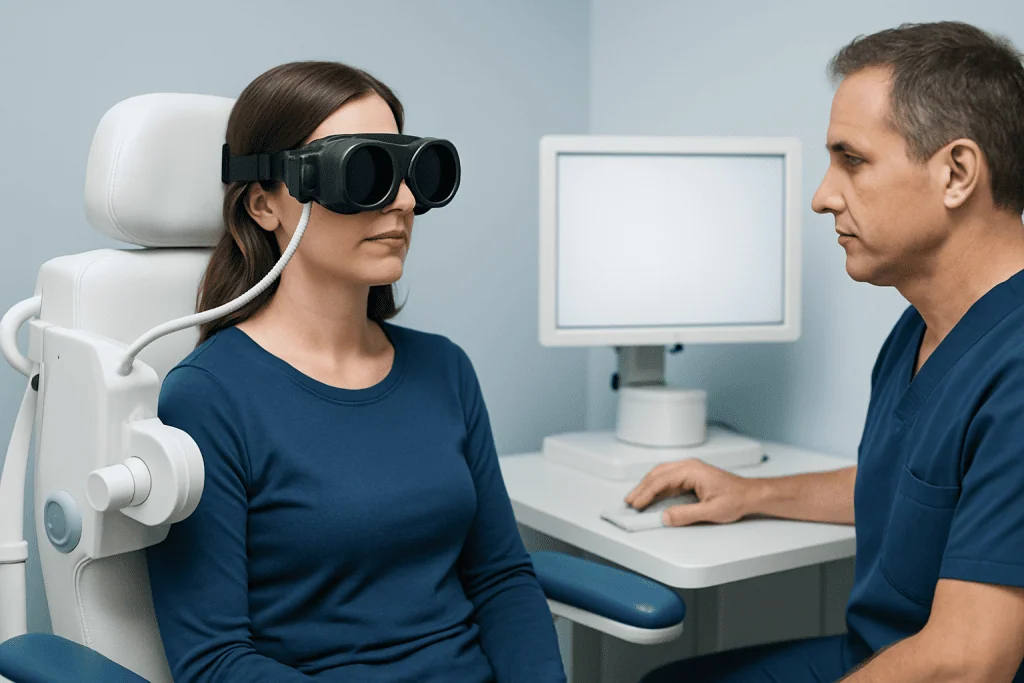 Patient undergoing vestibular testing with specialized goggles at Acibadem Hospital.