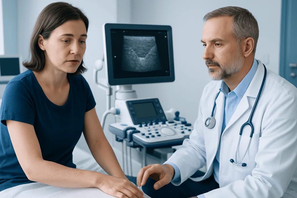 Doctor discussing ultrasound results with a patient in a medical clinic.