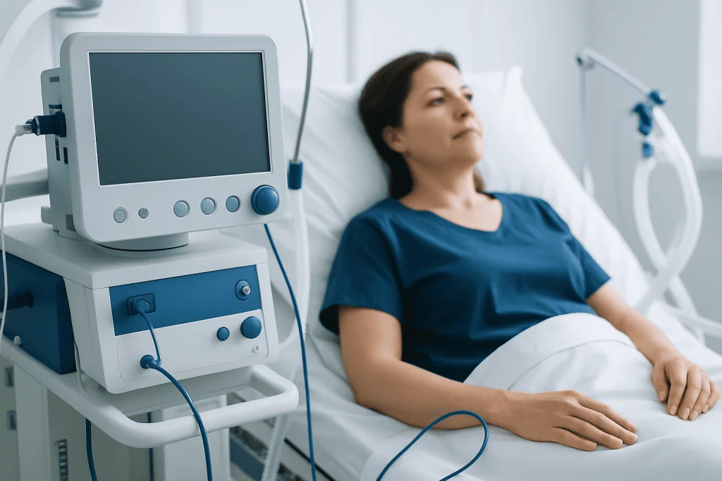 Patient in hospital bed connected to medical monitoring equipment.