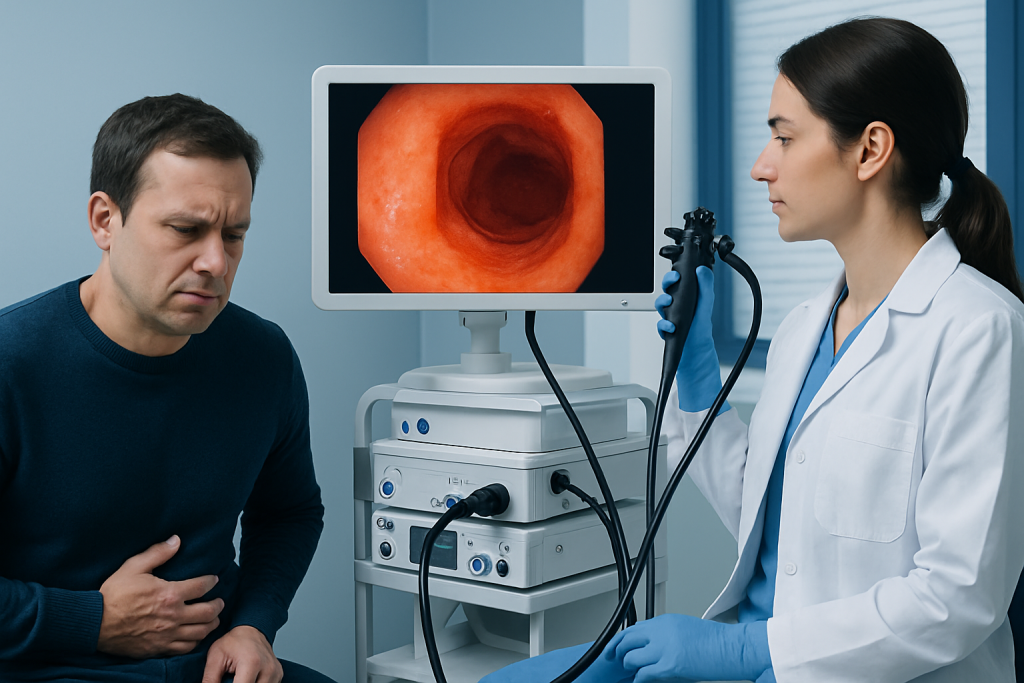 Gastroenterologist performs endoscopy on patient with monitor showing stomach interior.