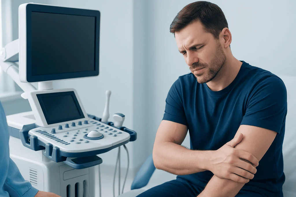 Man experiencing elbow pain during medical examination at hospital.