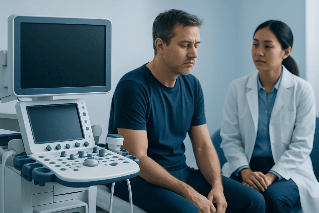 Patient in a medical consultation with a doctor in a hospital setting.