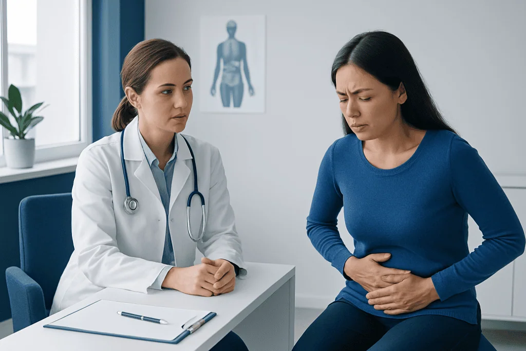 Doctor consulting a woman with stomach pain in a medical office.