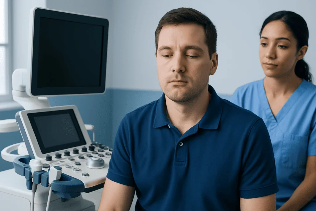 Doctor and patient in a medical examination room with ultrasound equipment.