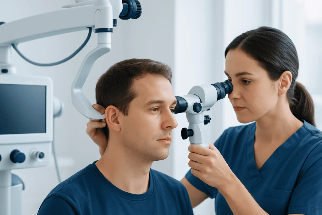 ENT specialist examining patient's ear with a microscope in clinic.
