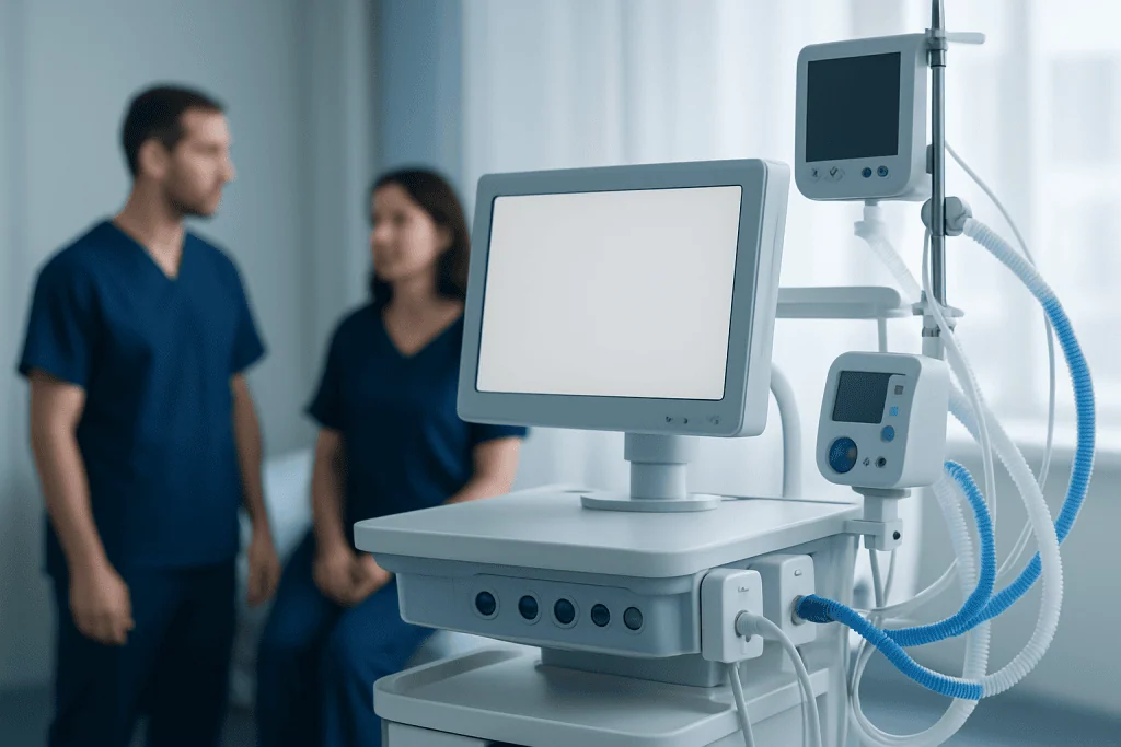 Medical ventilator machine in hospital room with healthcare professionals.