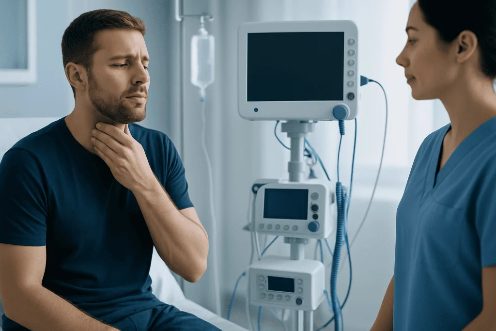 Patient consulting with doctor in hospital room with medical monitors.