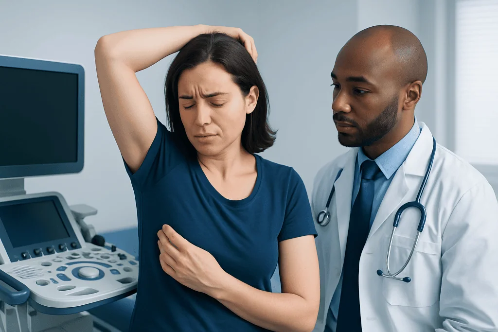 Woman experiencing armpit pain during medical consultation with doctor.